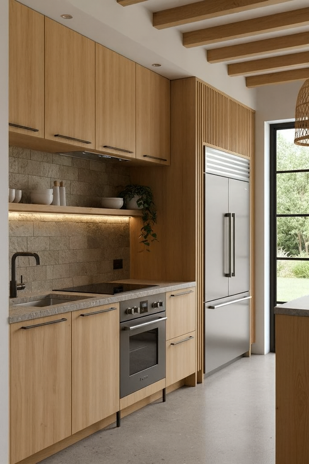 Natural wood flat-panel kitchen cabinets with integrated appliances