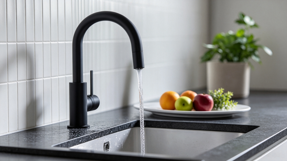 Matte black kitchen faucet with running water