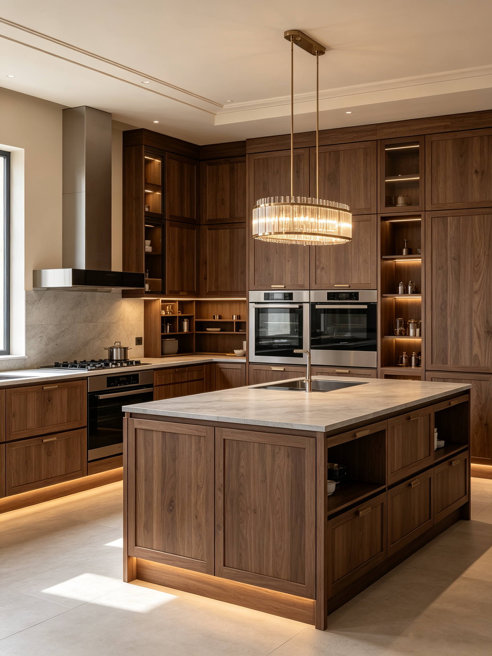 Dark walnut kitchen cabinets with island and integrated appliances