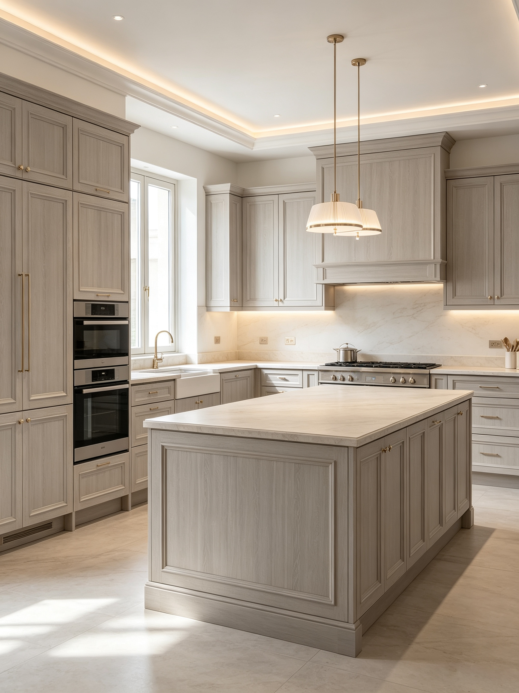 Light gray kitchen cabinets with paneled island