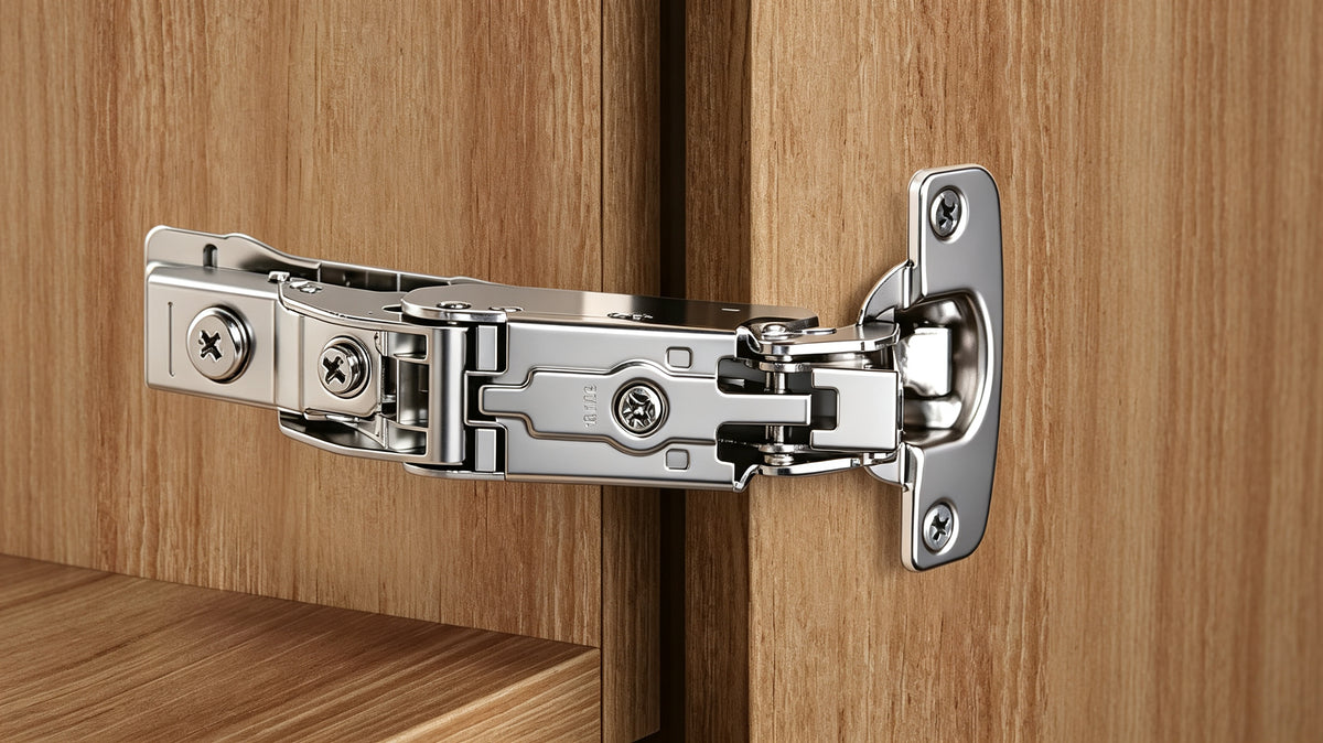 HONSOAR wide-opening soft-close cabinet hinge installed on a wood cabinet