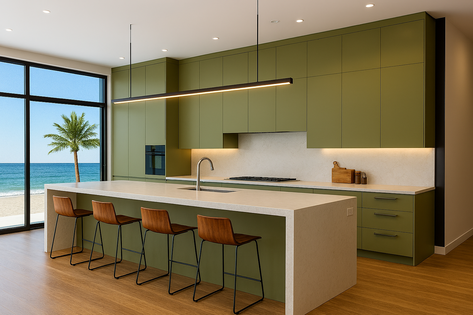 Olive green flat-panel kitchen cabinets in a coastal interior