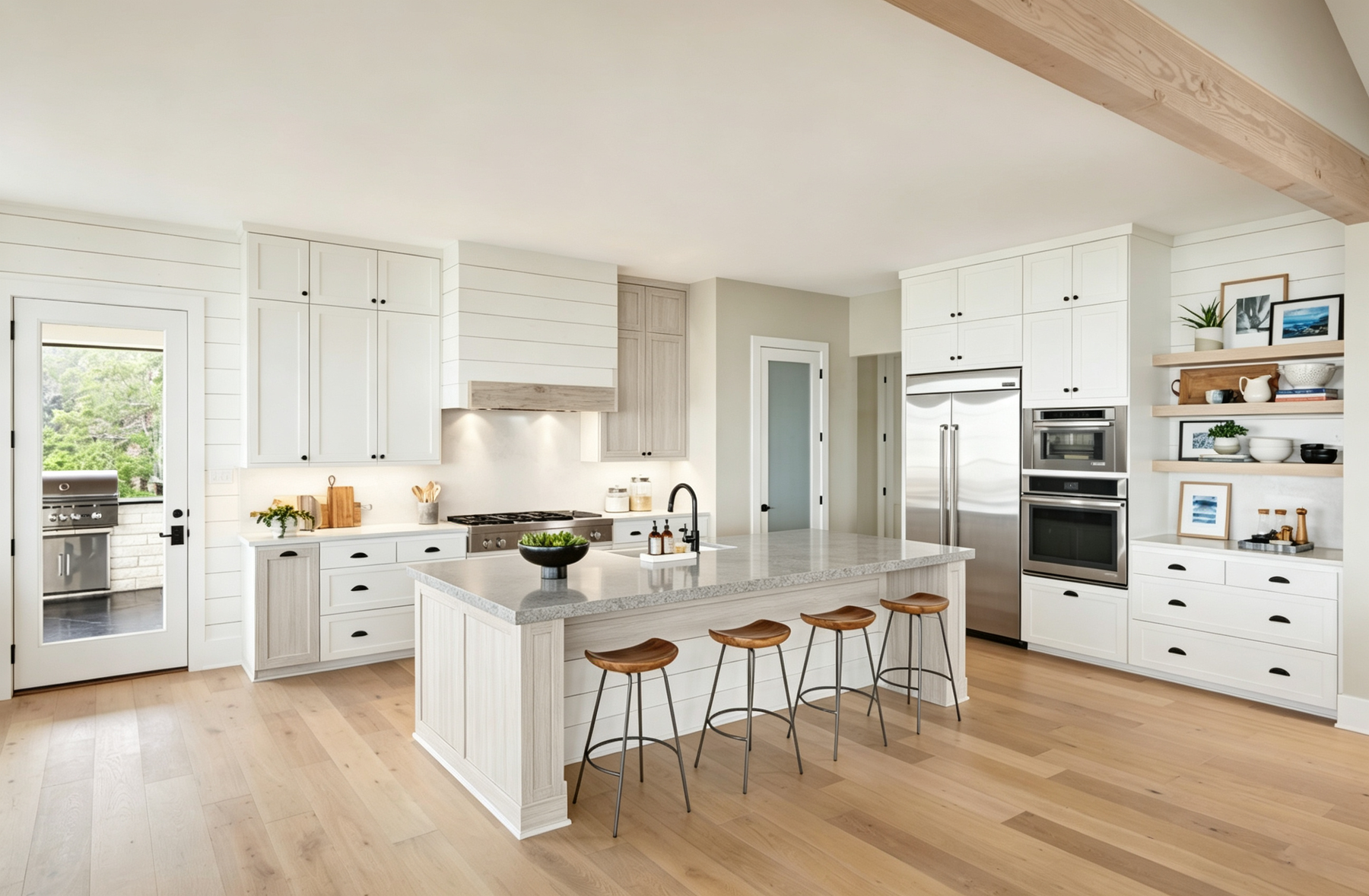 White shaker kitchen cabinets with large gray island and open shelving