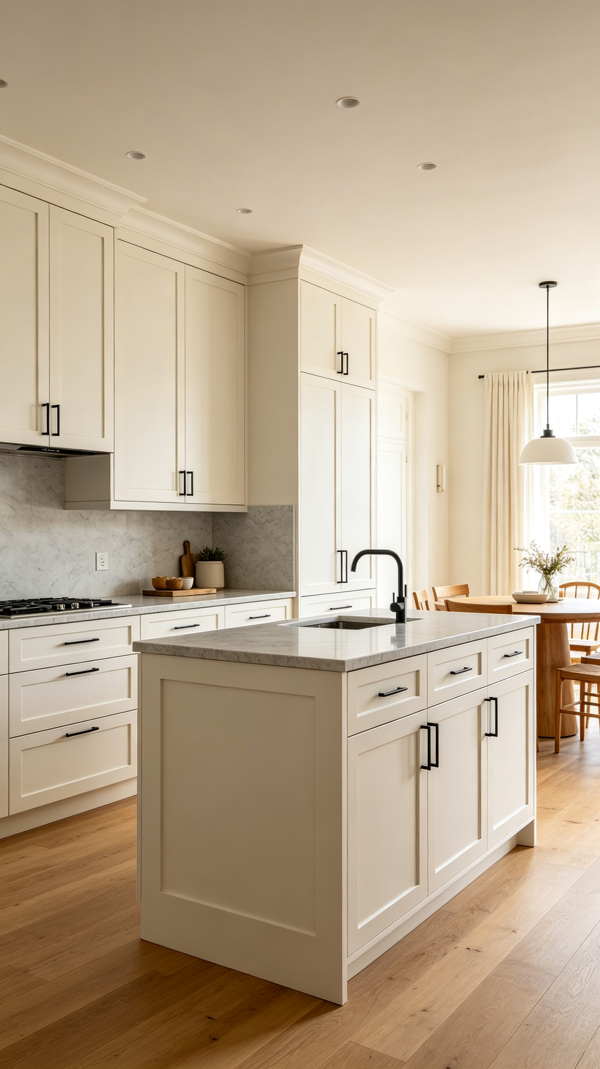 White shaker kitchen cabinets with central island