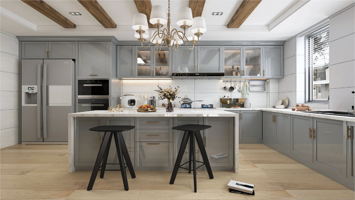 Gray shaker kitchen cabinets with island and glass-front wall cabinets
