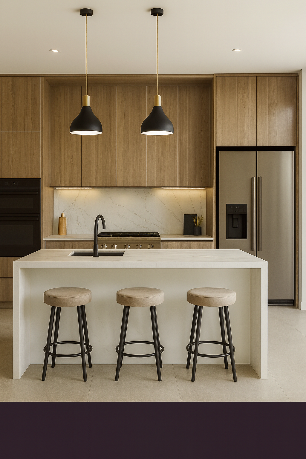 Natural wood kitchen cabinets with white waterfall island