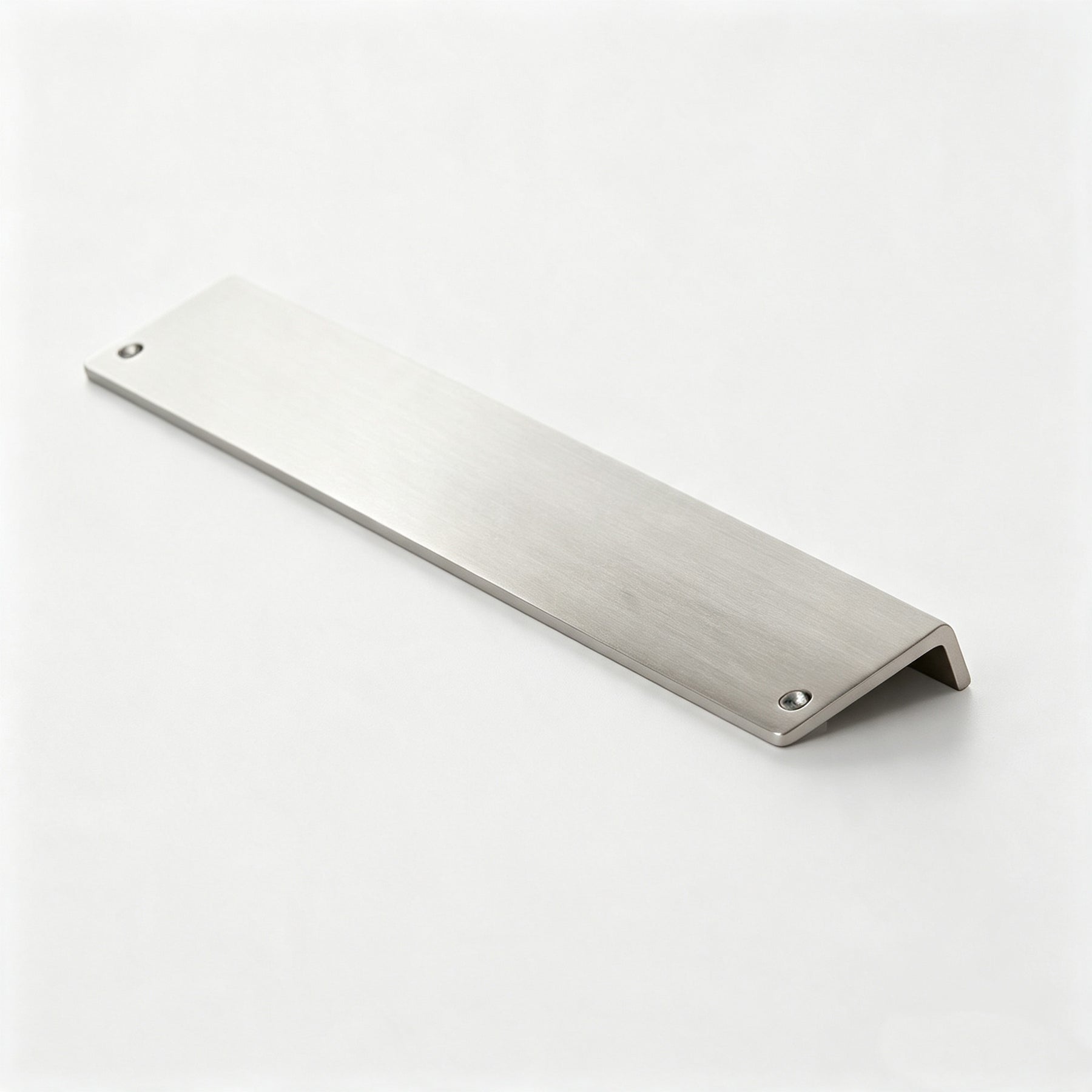 Silver-tone edge profile cabinet handle on a white background
