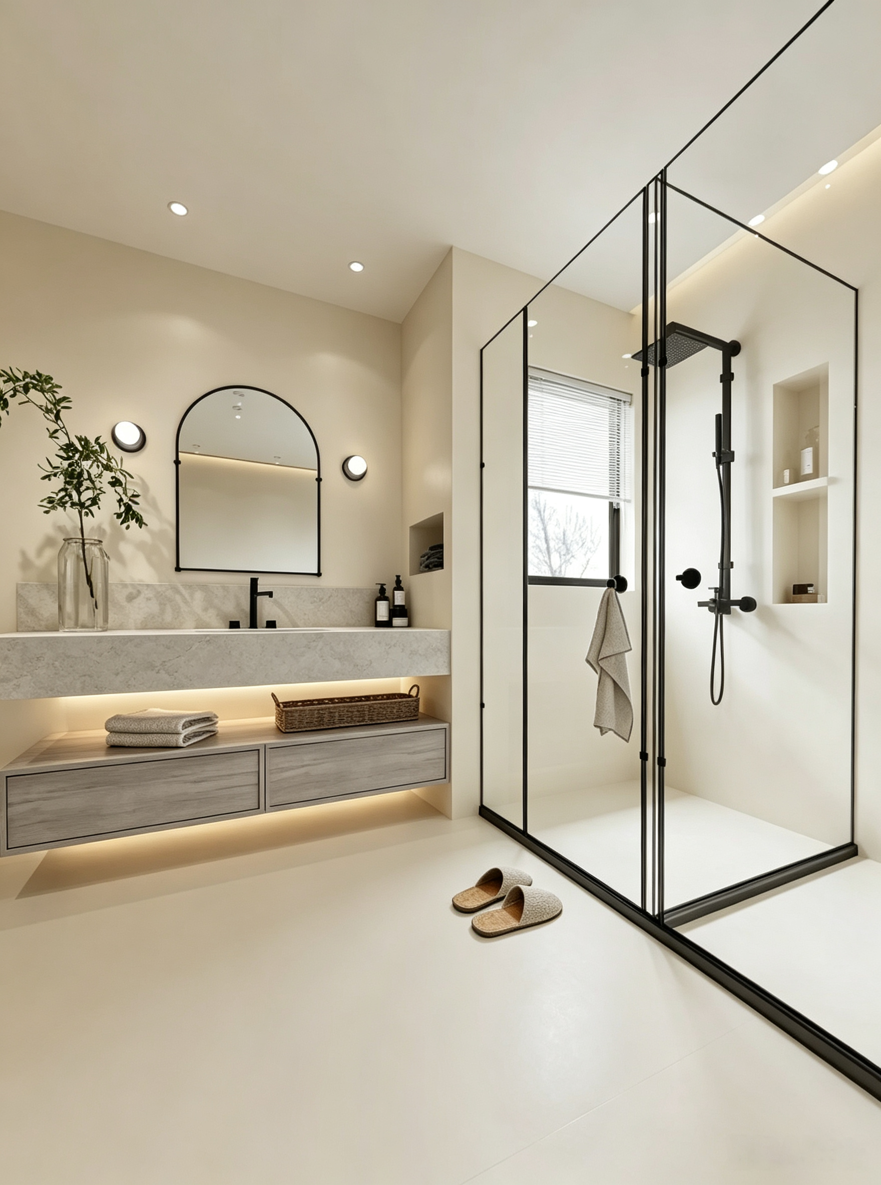 Modern vanity cabinets in a bathroom interior