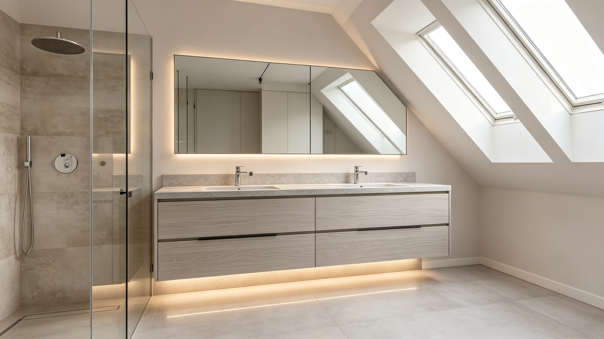 Floating vanity cabinet in a contemporary bathroom