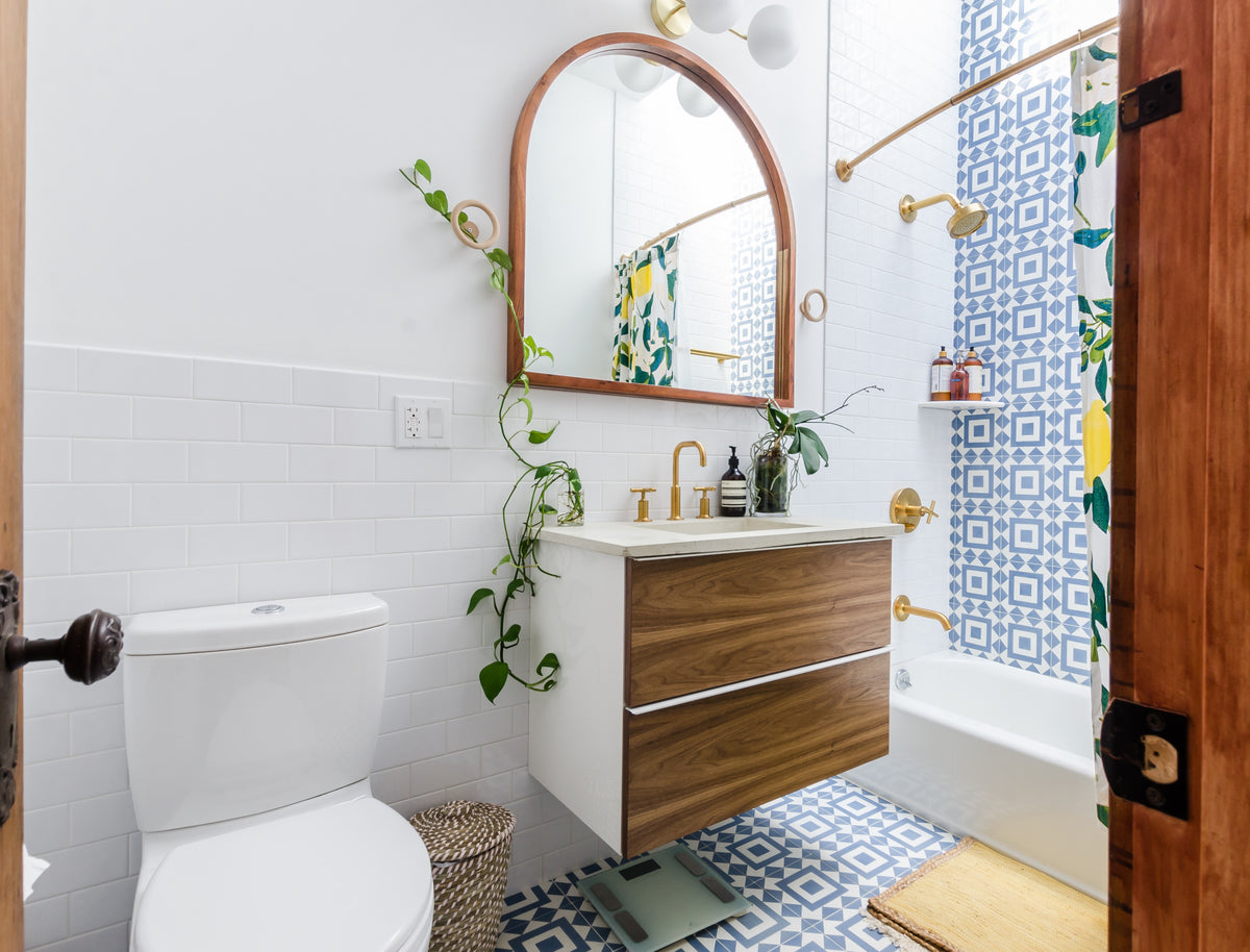 Bathroom vanity cabinet in a bright modern interior