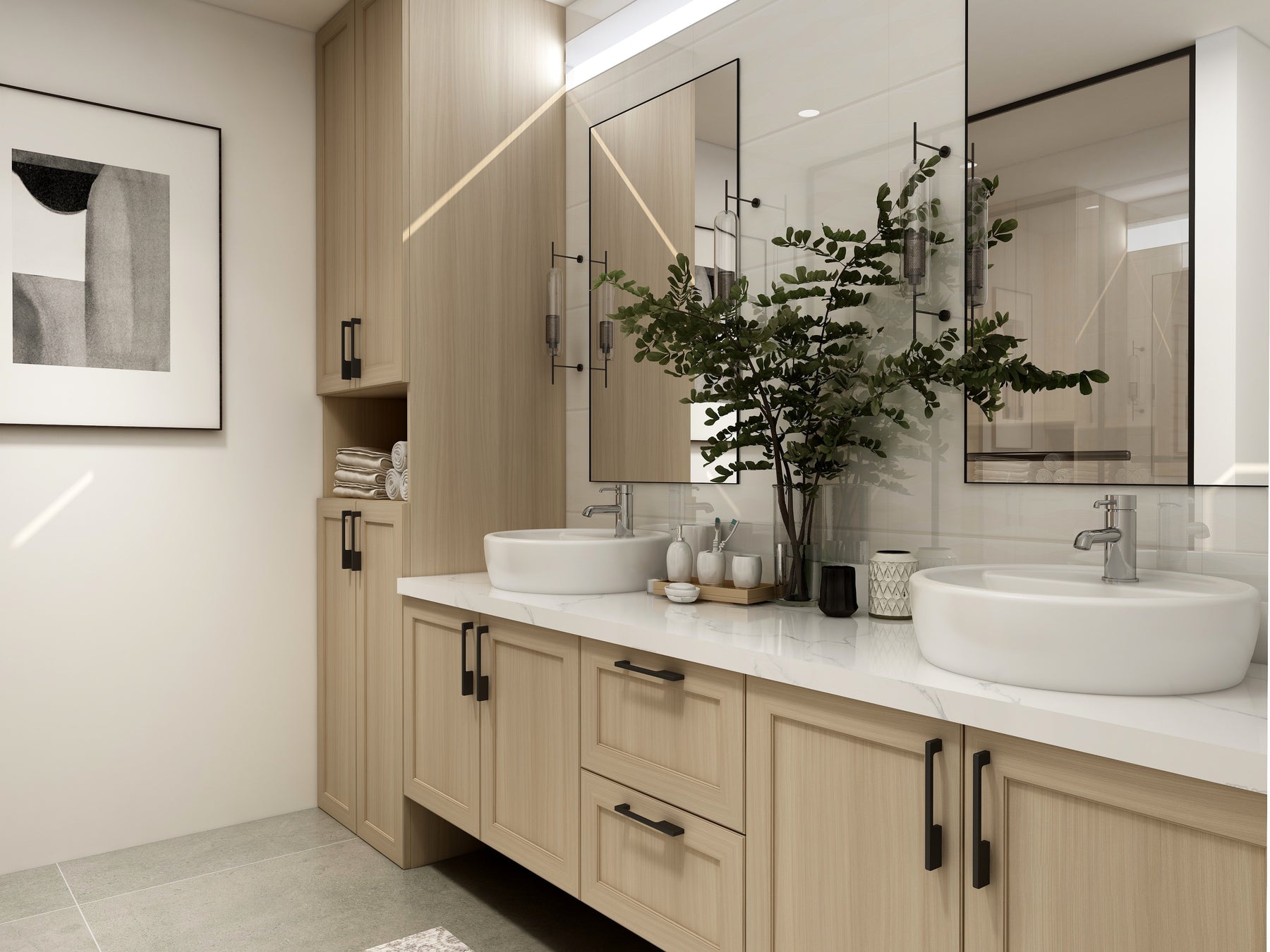 Vanity cabinet with doors and drawers in a residential bathroom