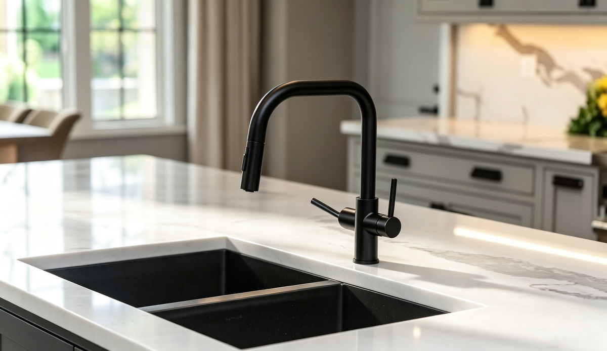 Matte black kitchen faucet over a double-bowl sink