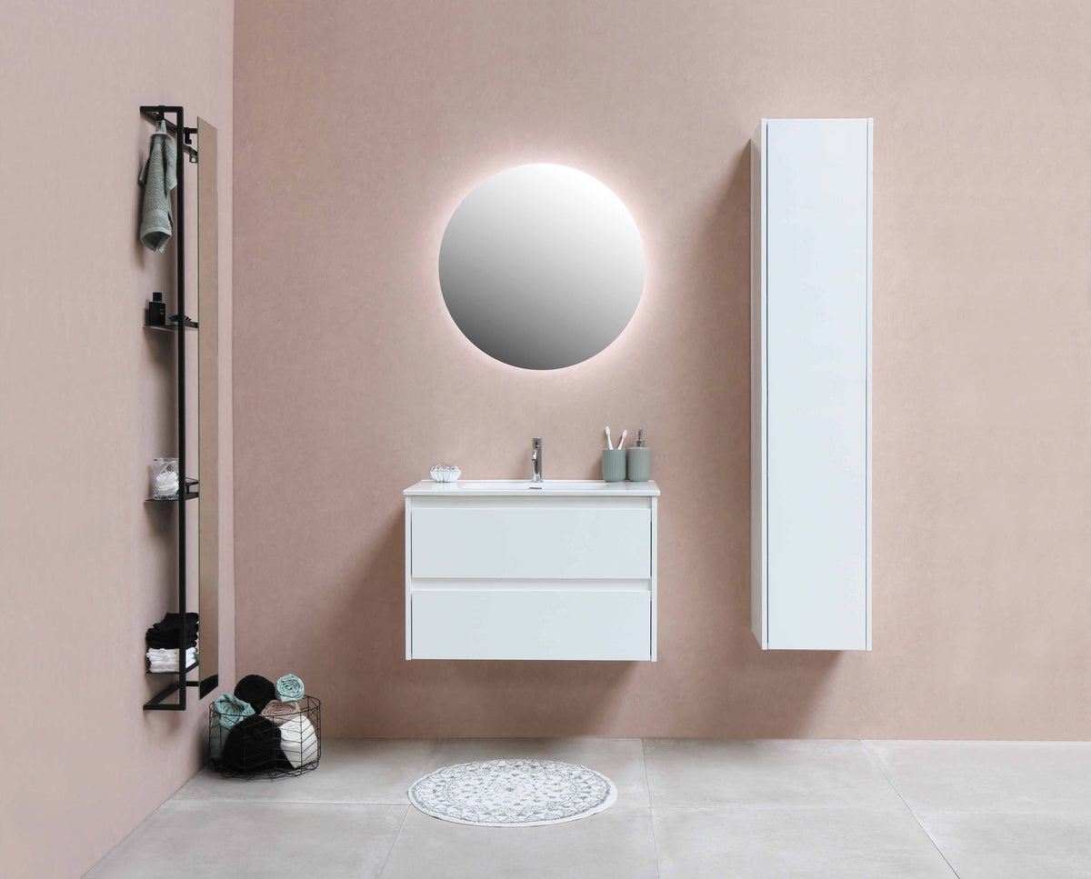 Wood-finish vanity cabinet in a modern bathroom
